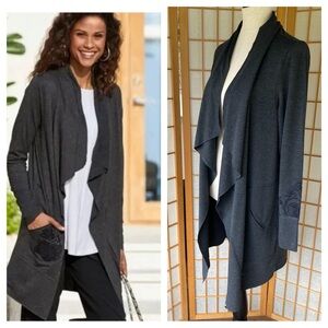 Soft Surroundings Grey Jetsetter Topper Embroidered Comfy Cardigan SZ L